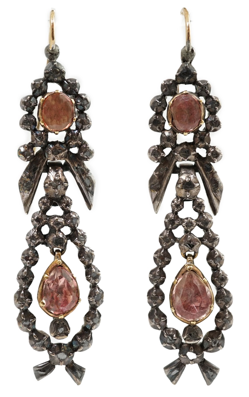 A pair of early 19th century silver, foil backed quartz and flat cut diamond set articulated drop earrings